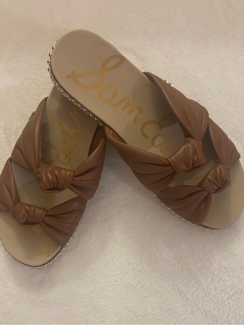 Sam Edelman Tan Knotted Double-Strap Slide Sandals